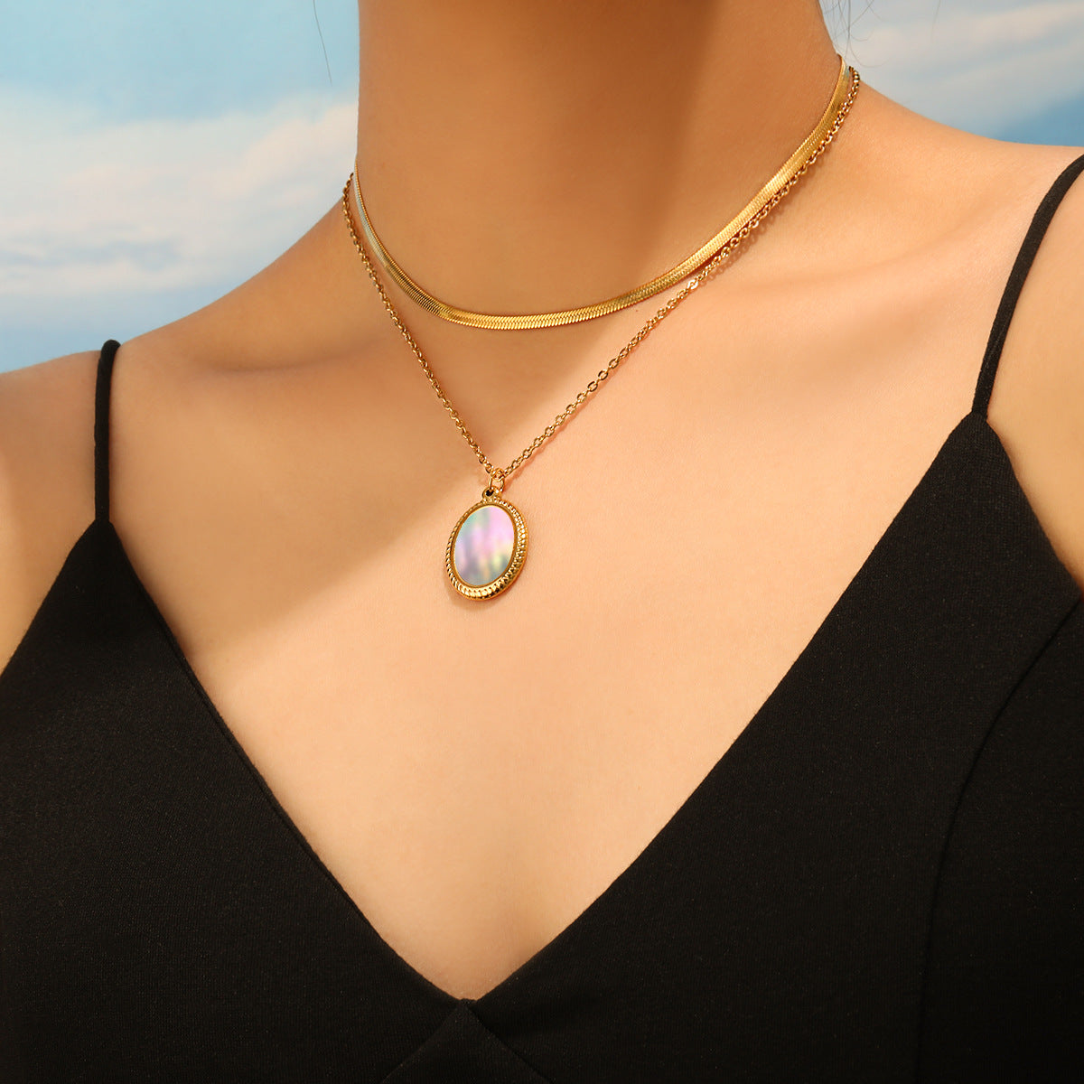 Natural Mother-of-Pearl Oval Titanium Steel Necklace