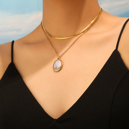 Natural Mother-of-Pearl Oval Titanium Steel Necklace
