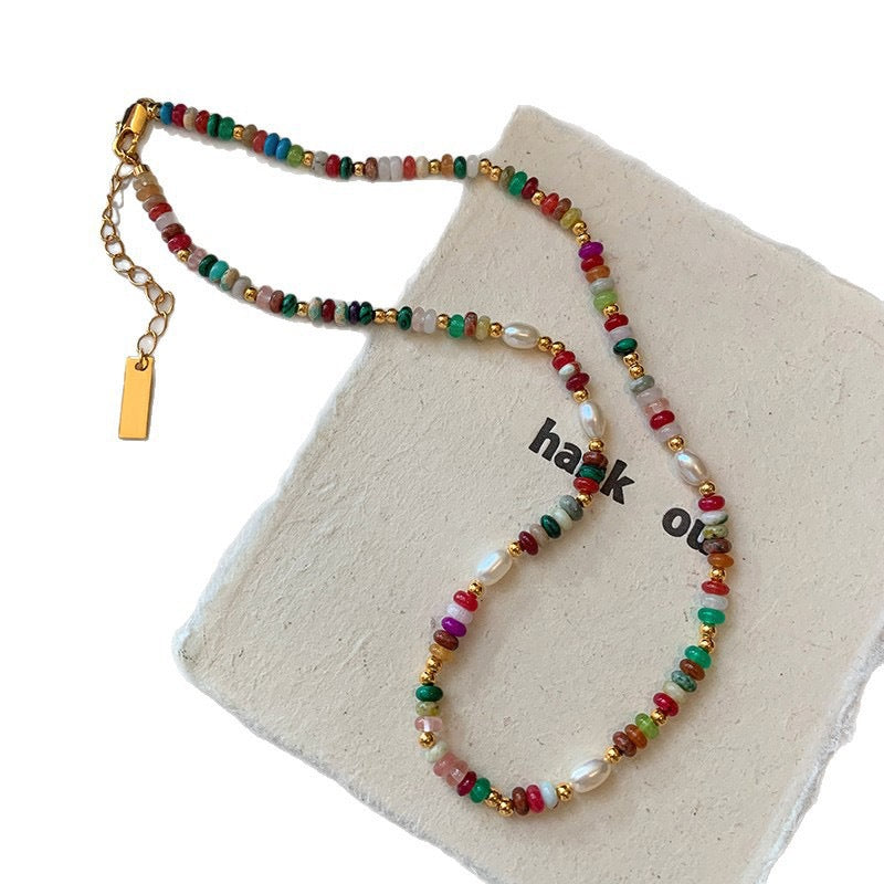 Natural Pearl Rainbow Stone Layered Necklace