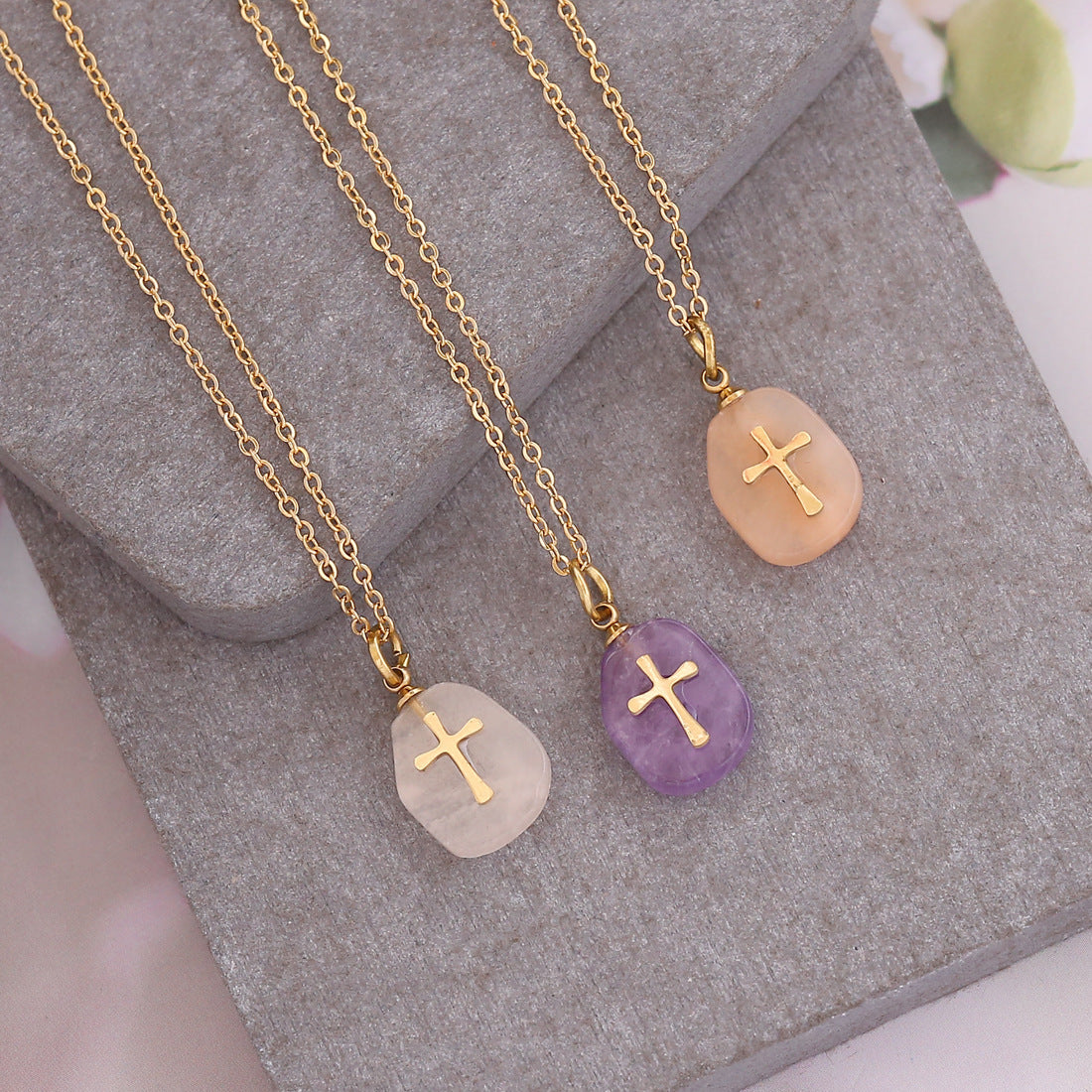 Natural Stone Cross Necklace Stainless Steel Jewelry