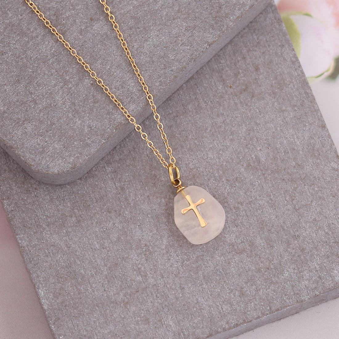 Natural Stone Cross Necklace Stainless Steel Jewelry