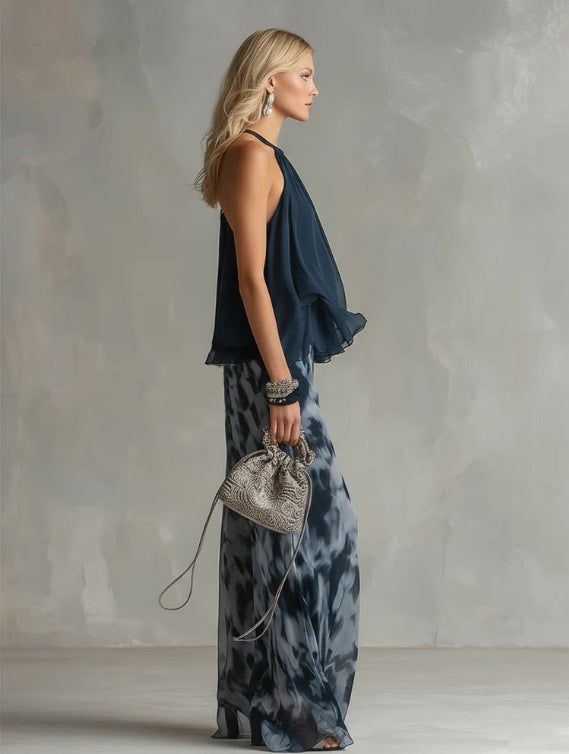 Navy Blue Backless Top and Printed Wide-Leg Pants Set