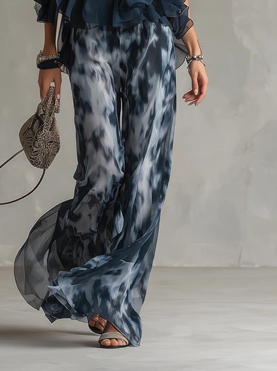 Navy Blue Backless Top and Printed Wide-Leg Pants Set