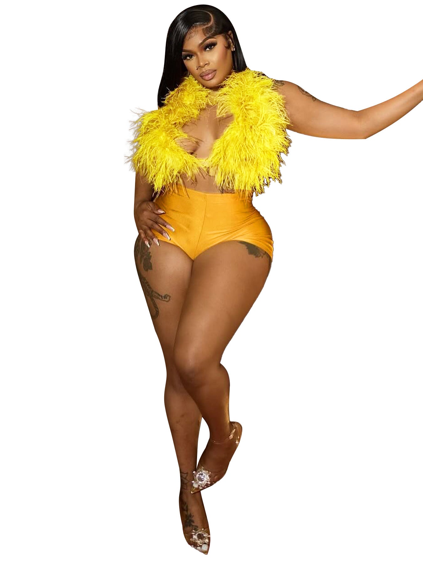 Neck Feather Satin Two-Piece Pants Suit