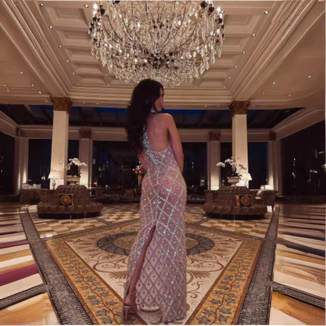 Neck Sequin Evening Dress