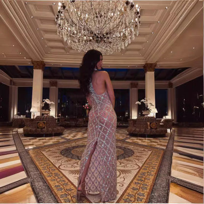 Neck Sequin Evening Dress