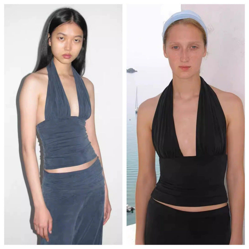 Neck-wrap V-neck pullover with straps