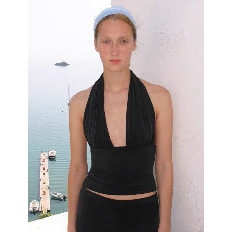 Neck-wrap V-neck pullover with straps