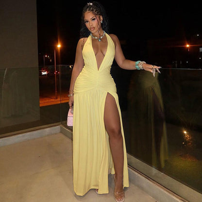 Neckline pleated backless dress