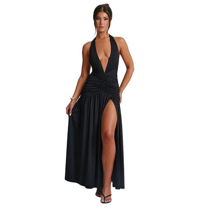 Neckline pleated backless dress