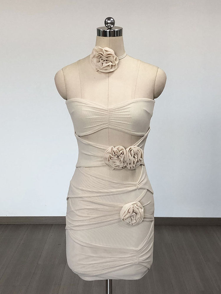 Net-silk flower-shaped open-back halter dress