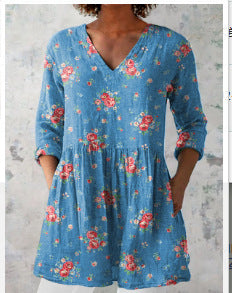 New 3D Printed Fashionable Floral Casual V-Neck Women's Top