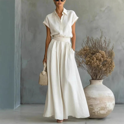 New Fashion Spring-Summer Casual Solid Shirt and Wide-Leg Pants Two-Piece Set