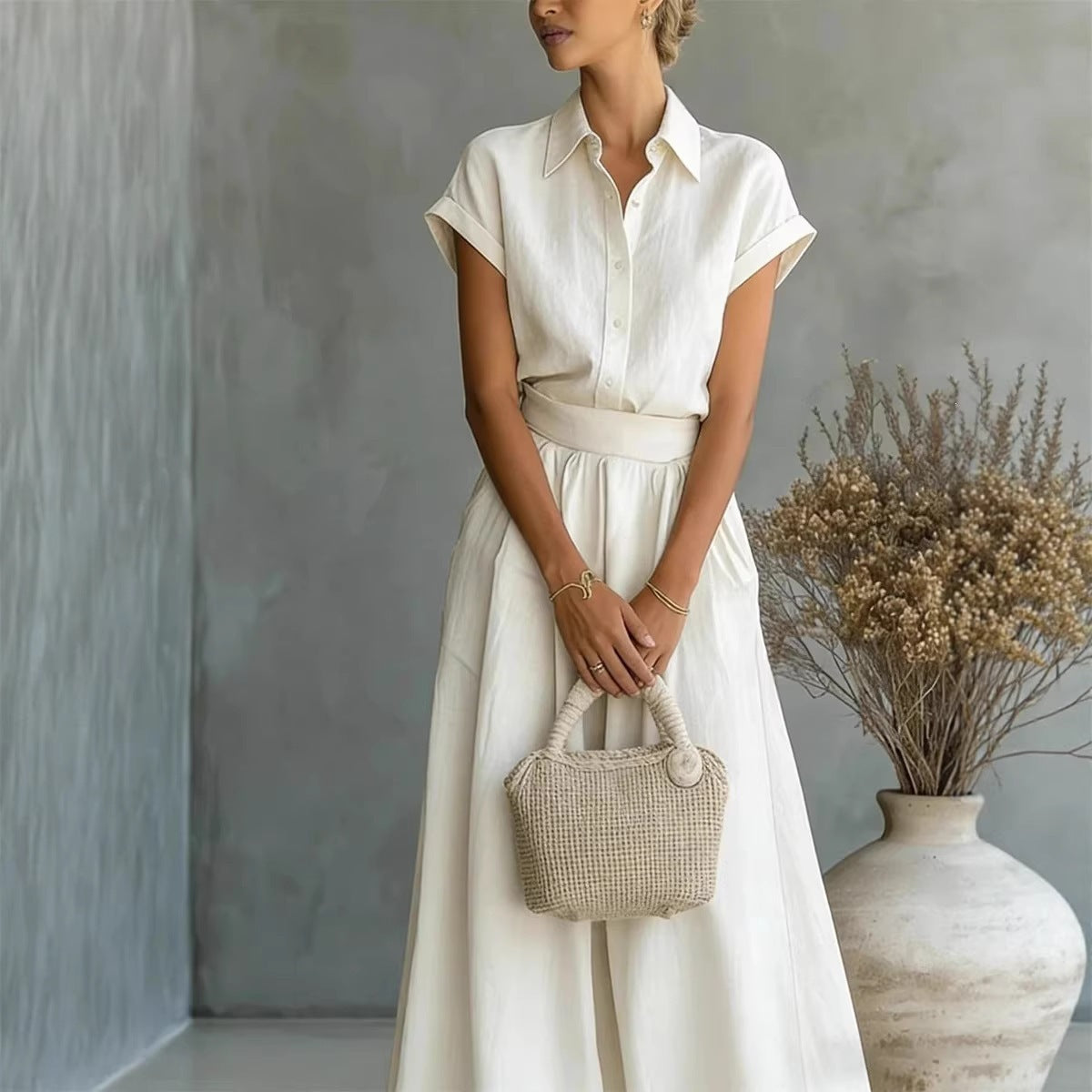 New Fashion Spring-Summer Casual Solid Shirt and Wide-Leg Pants Two-Piece Set