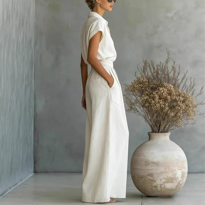 New Fashion Spring-Summer Casual Solid Shirt and Wide-Leg Pants Two-Piece Set