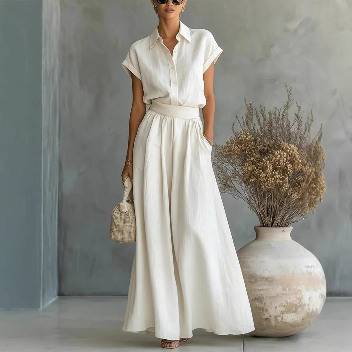 New Fashion Spring-Summer Casual Solid Shirt and Wide-Leg Pants Two-Piece Set