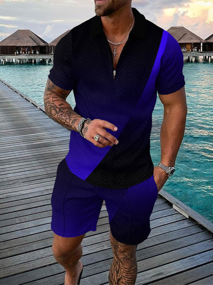 New Men's Casual Contrast-Color Polo Shirt with Zip-Up Lapel and Short-Sleeve