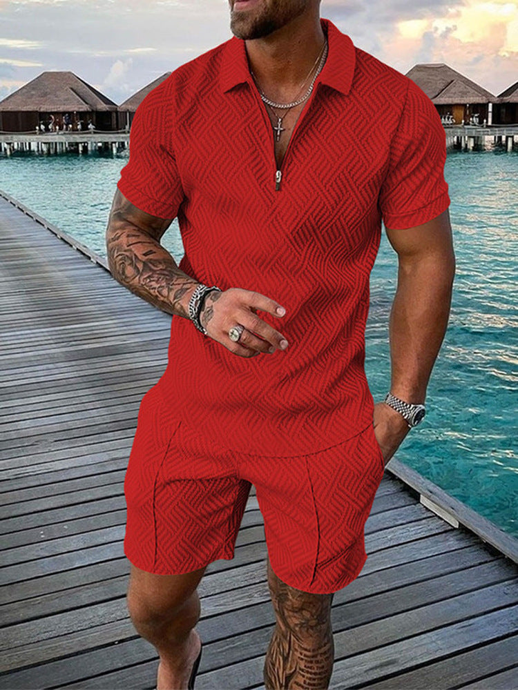 New Men's Casual Contrast-Color Polo Shirt with Zip-Up Lapel and Short-Sleeve