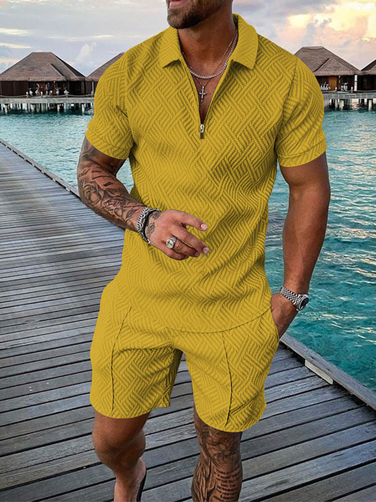 New Men's Casual Contrast-Color Polo Shirt with Zip-Up Lapel and Short-Sleeve