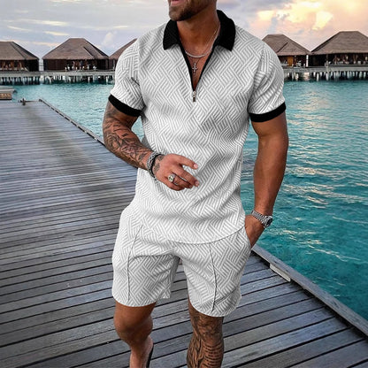 New Men's Casual Contrast-Color Polo Shirt with Zip-Up Lapel and Short-Sleeve