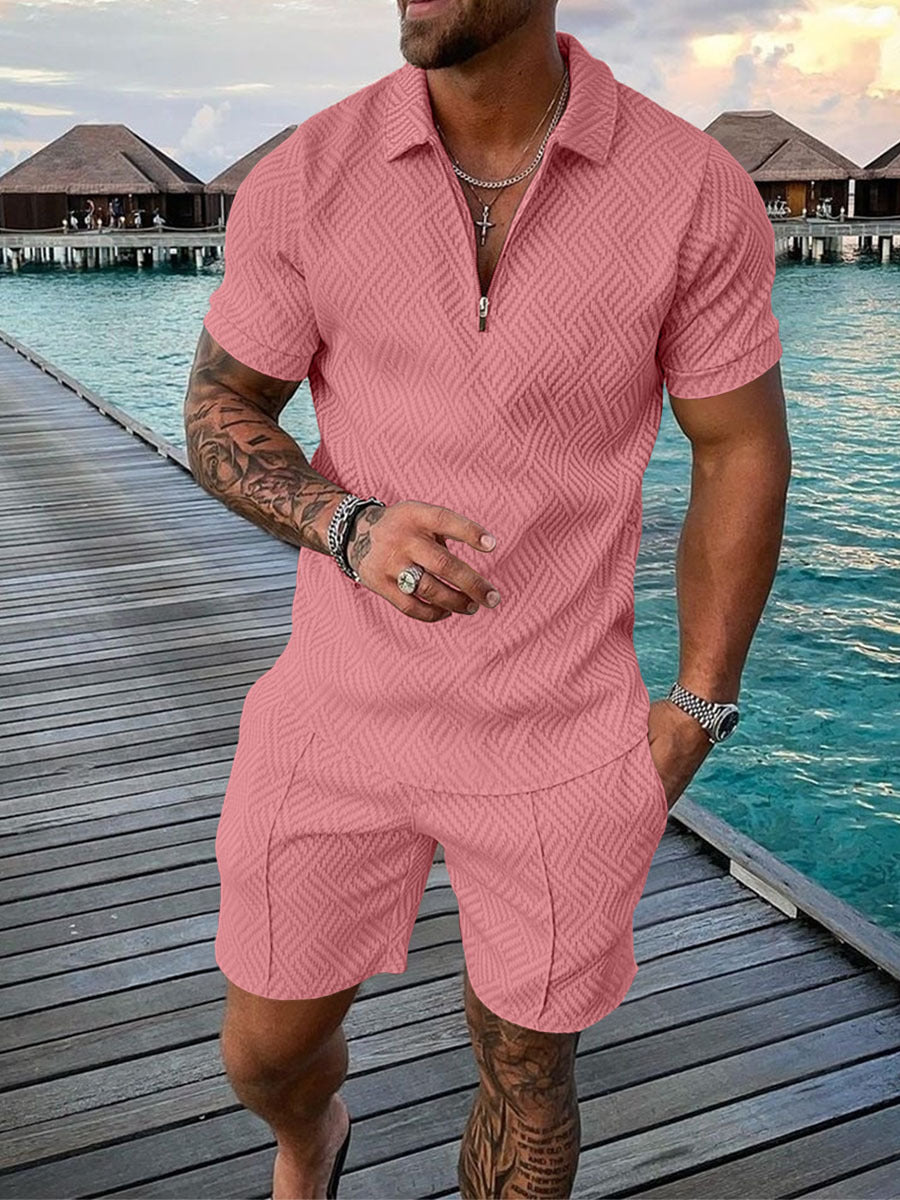 New Men's Casual Contrast-Color Polo Shirt with Zip-Up Lapel and Short-Sleeve