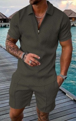 New Men's Casual Contrast-Color Polo Shirt with Zip-Up Lapel and Short-Sleeve