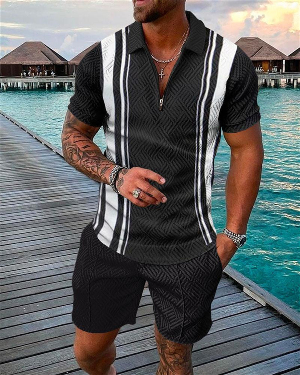 New Men's Casual Contrast-Color Polo Shirt with Zip-Up Lapel and Short-Sleeve