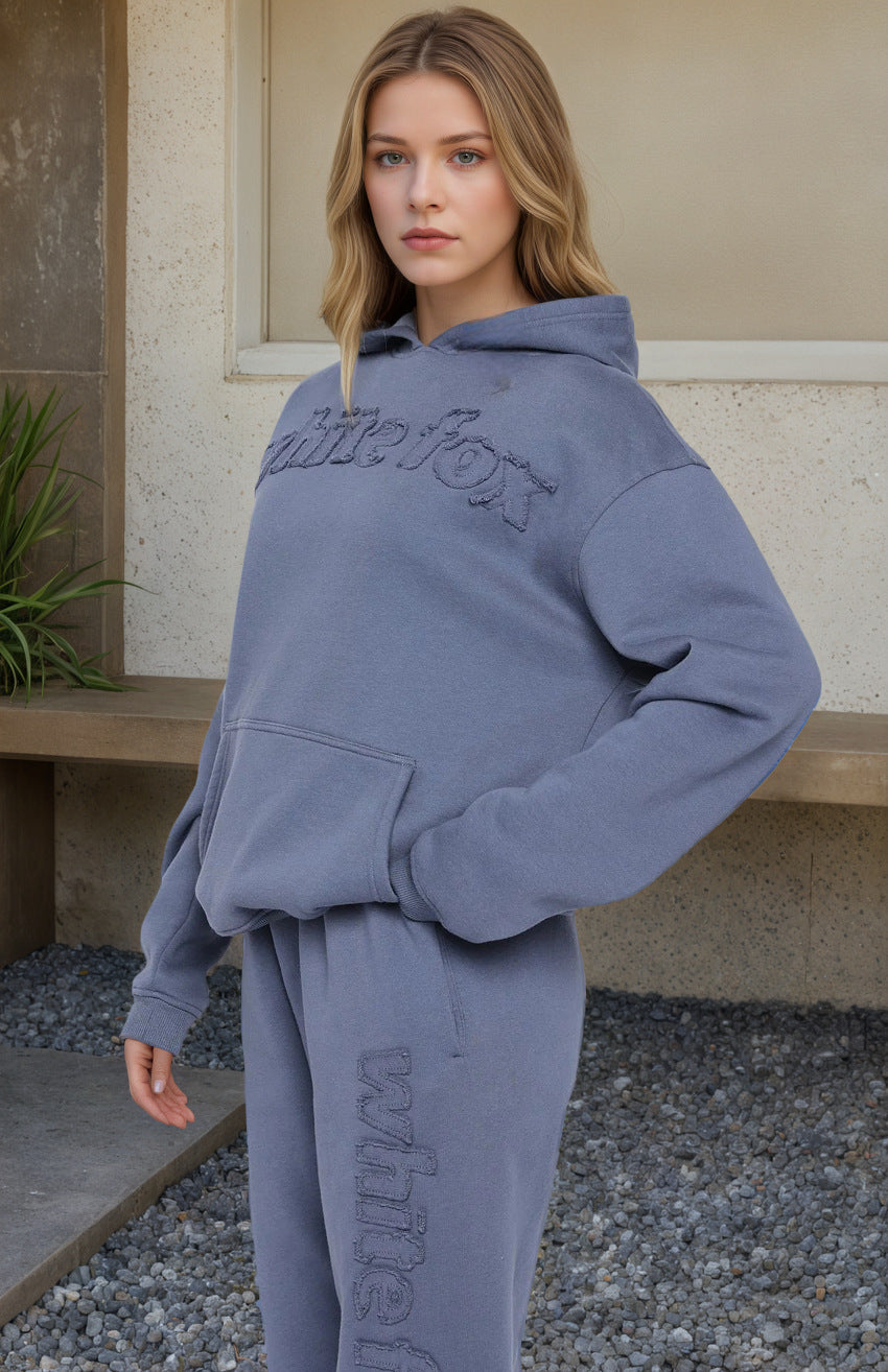 New Style Fleece Warm Hooded Embroidered Sweatshirt Fashionable Sports Cotton Blend Long Pants Two-Piece Set for Women