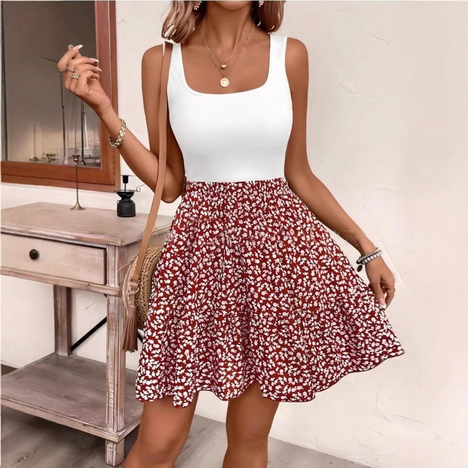 New style floral tank top dress, A-line half-length skirt
