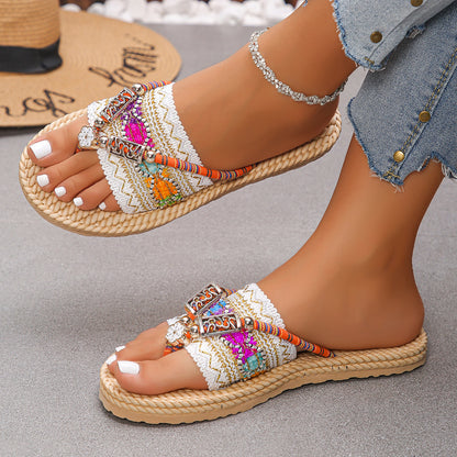 New Summer Fashion Fairy-Style Wedge Flip-Flops for Women, Straw Flower Thick-Soled Casual Pastoral Vacation Beach Shoes