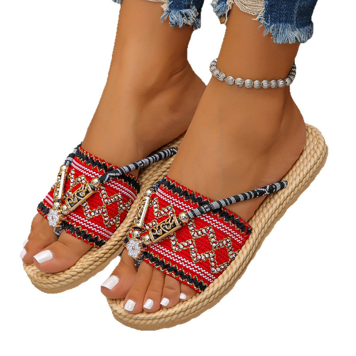 New Summer Fashion Fairy-Style Wedge Flip-Flops for Women, Straw Flower Thick-Soled Casual Pastoral Vacation Beach Shoes