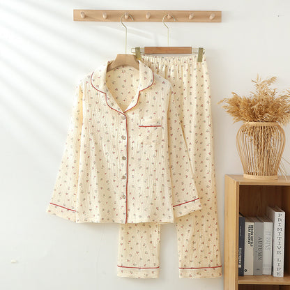 New summer thin cotton double-layer gauze lapel women's pajamas spring and autumn floral long sleeve home wear suit