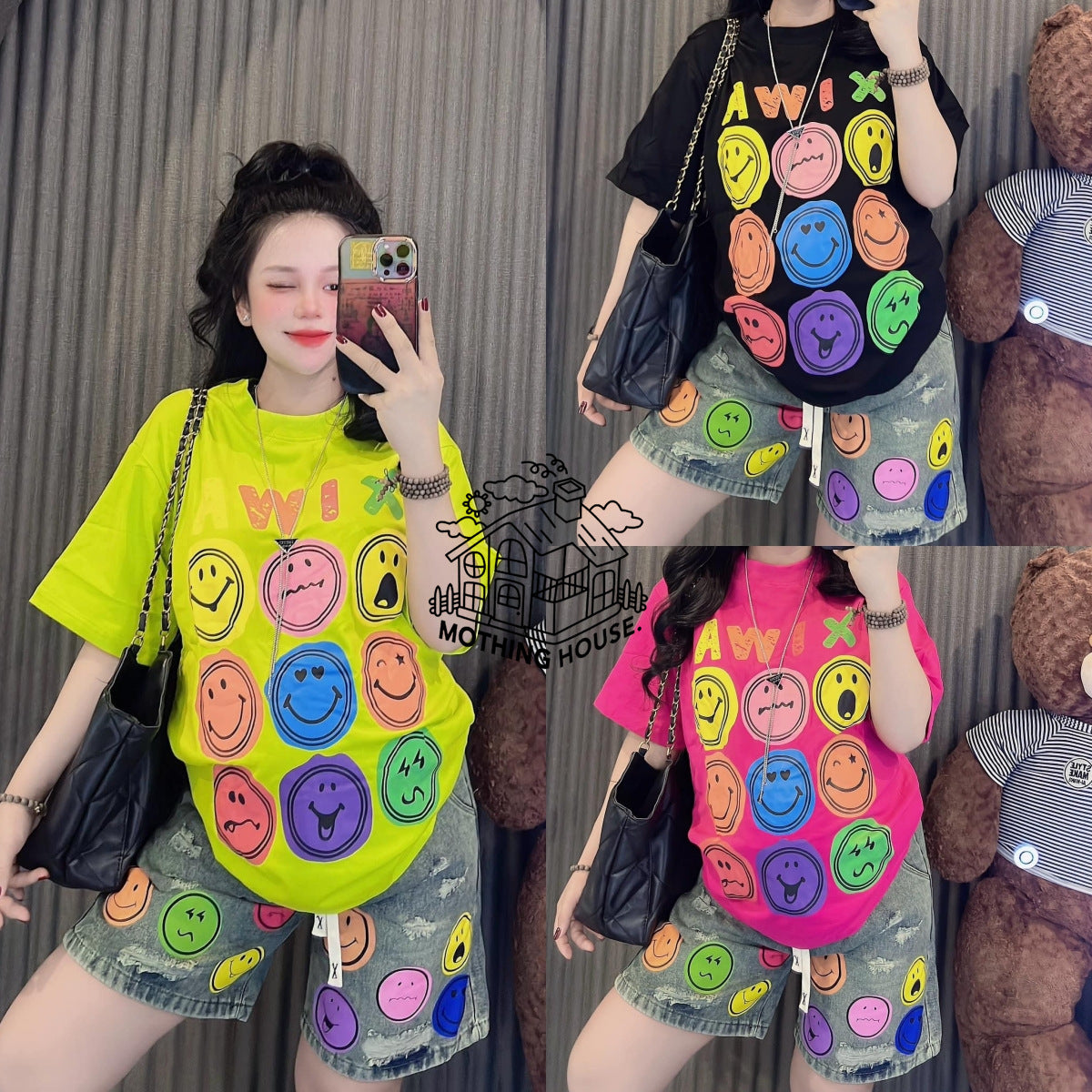 New summer women's smiling short-sleeved T-shirt set