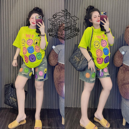 New summer women's smiling short-sleeved T-shirt set