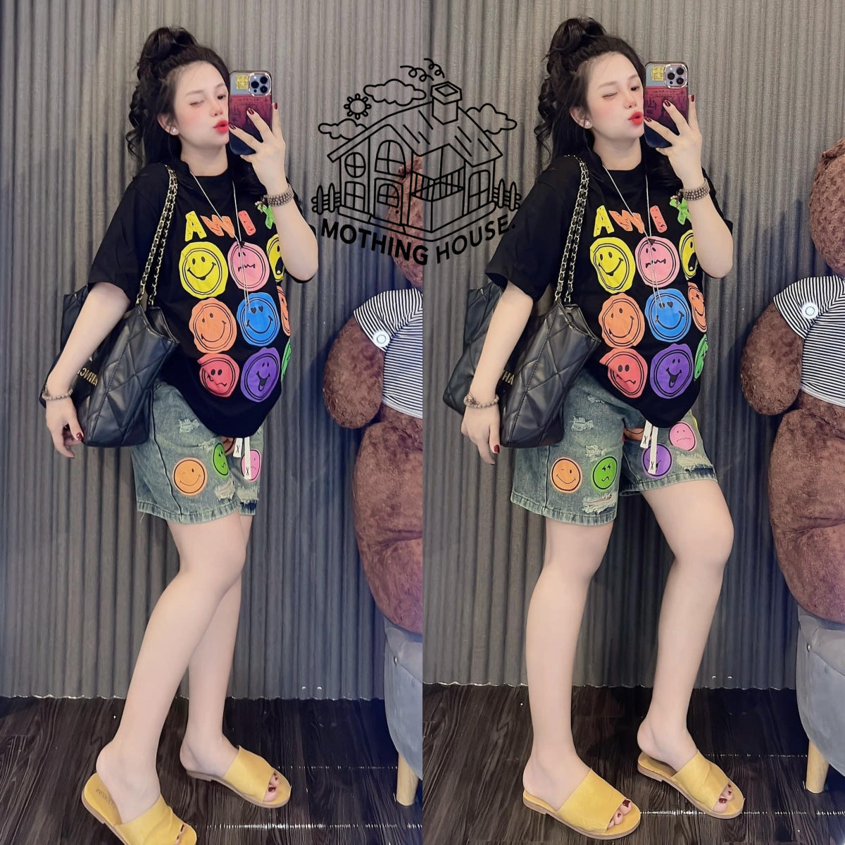 New summer women's smiling short-sleeved T-shirt set