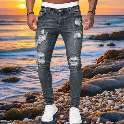 New Trendy European and American Style Skinny Fit Ripped Jeans for Men
