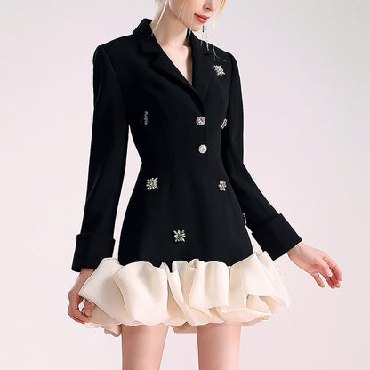 Niche design suit skirt 2023 autumn rhinestone elegant irregular organza stitching dress