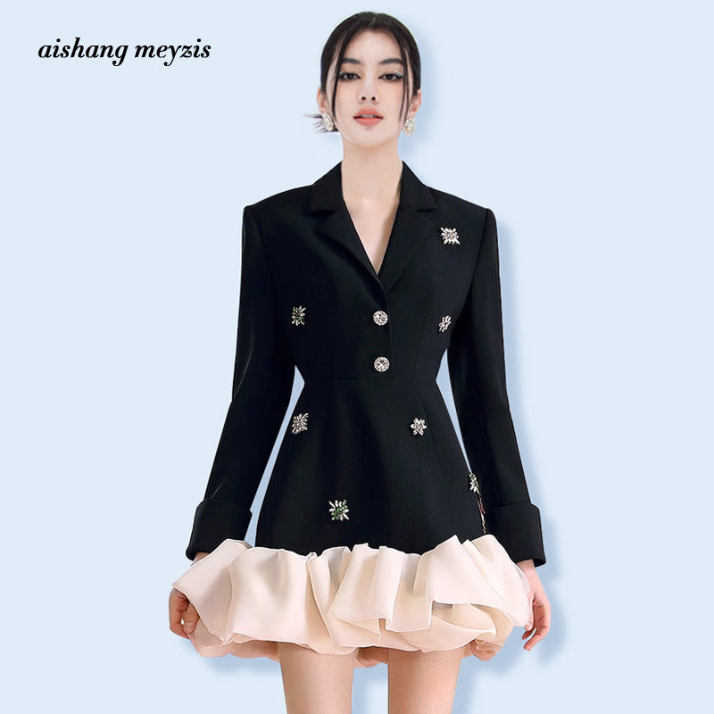 Niche design suit skirt 2023 autumn rhinestone elegant irregular organza stitching dress