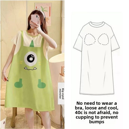 Nightgown with Chest Pad Women's Summer Short-sleeved Loose Nightgown Anti-bump Summer Outwear dress