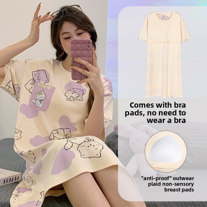 Nightgown Women's Summer Thin Fabric Cartoon Cute Girl Kids Student dress Pregnant Women's Summer Loose Pajamas