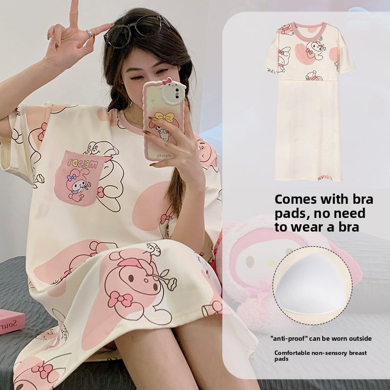Nightgown Women's Summer Thin Fabric Cartoon Cute Girl Kids Student dress Pregnant Women's Summer Loose Pajamas