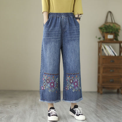 Nine-Point Cotton Wide-Leg Embroidered Jeans