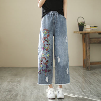 Nine-Point Cotton Wide-Leg Embroidered Jeans