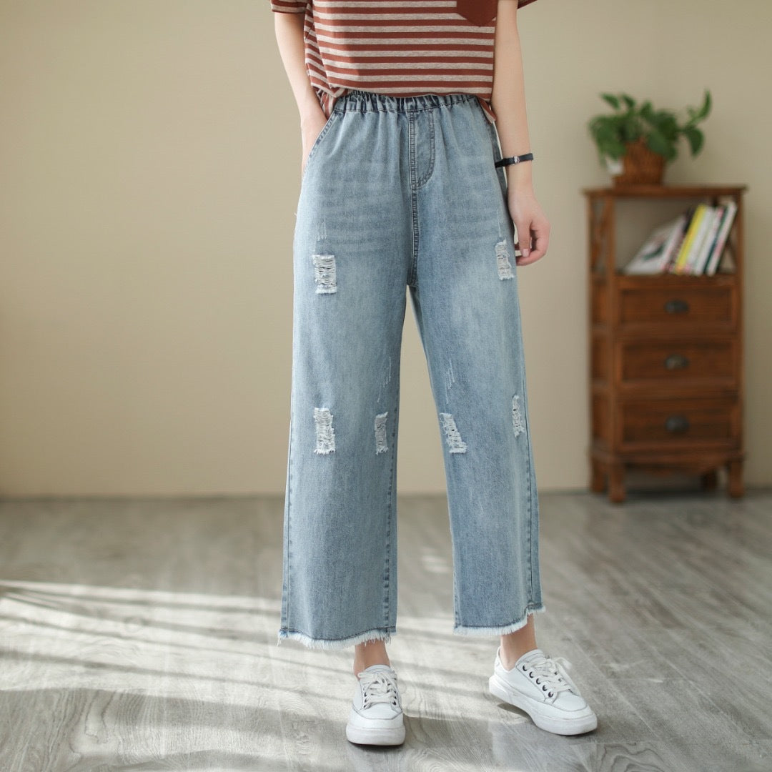 Nine-Point Cotton Wide-Leg Embroidered Jeans
