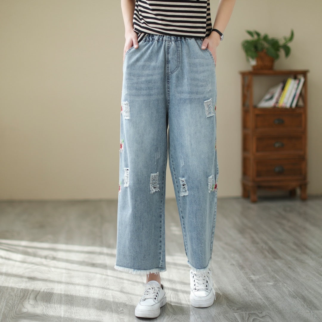 Nine-Point Cotton Wide-Leg Embroidered Jeans