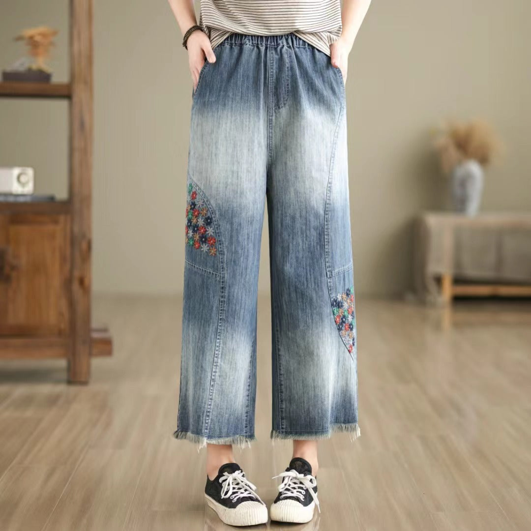Nine-Point Cotton Wide-Leg Embroidered Jeans