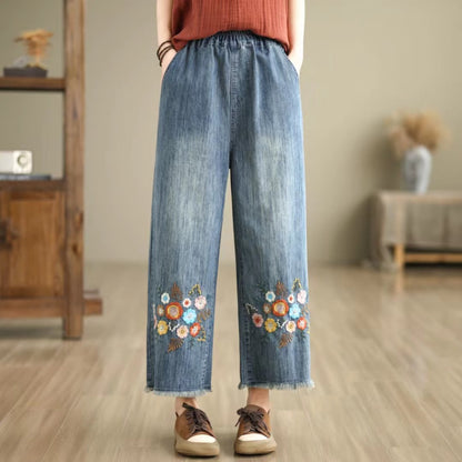 Nine-Point Cotton Wide-Leg Embroidered Jeans
