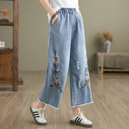Nine-Point Cotton Wide-Leg Embroidered Jeans