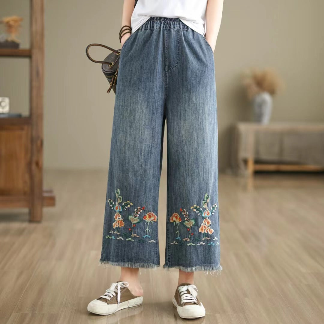 Nine-Point Cotton Wide-Leg Embroidered Jeans