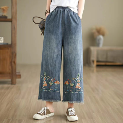 Nine-Point Cotton Wide-Leg Embroidered Jeans